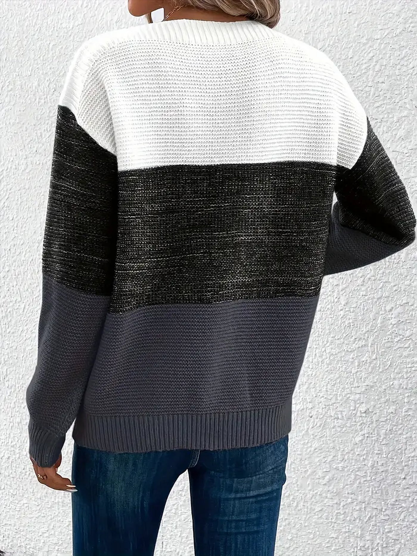 Allegra K Round Neck Colorblock Long Sleeve Knitted Sweater