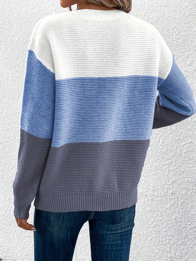 Round Neck Colorblock Long Sleeve Knitted Sweater