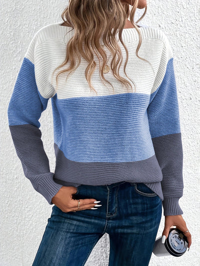 Round Neck Colorblock Long Sleeve Knitted Sweater