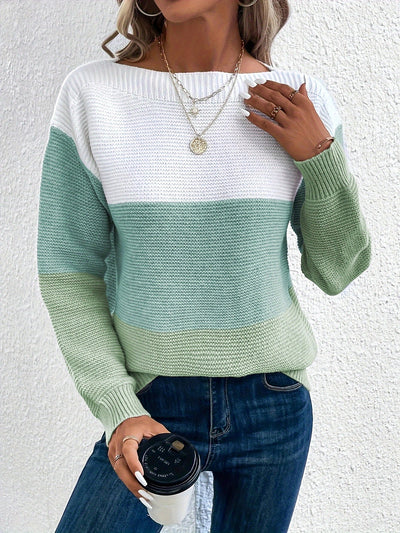 Round Neck Colorblock Long Sleeve Knitted Sweater