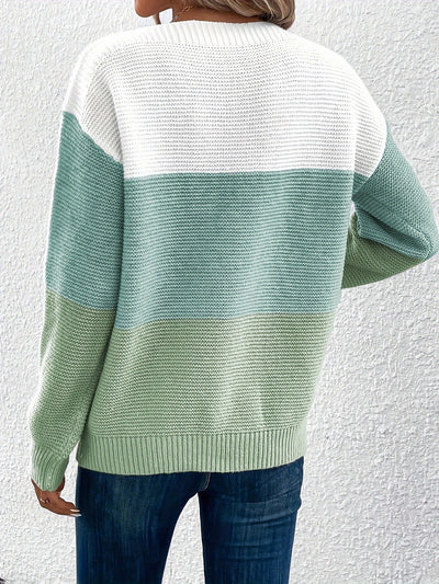 Round Neck Colorblock Long Sleeve Knitted Sweater