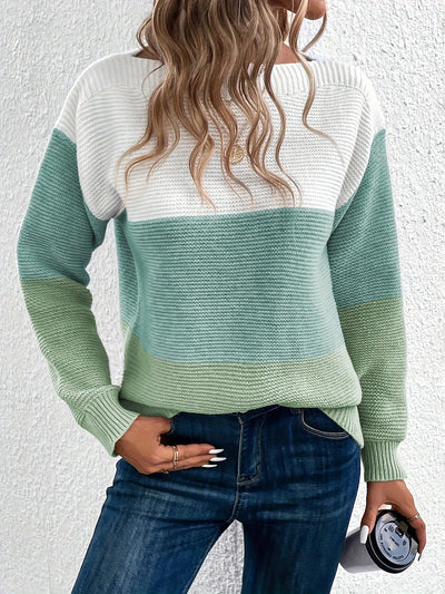 Round Neck Colorblock Long Sleeve Knitted Sweater