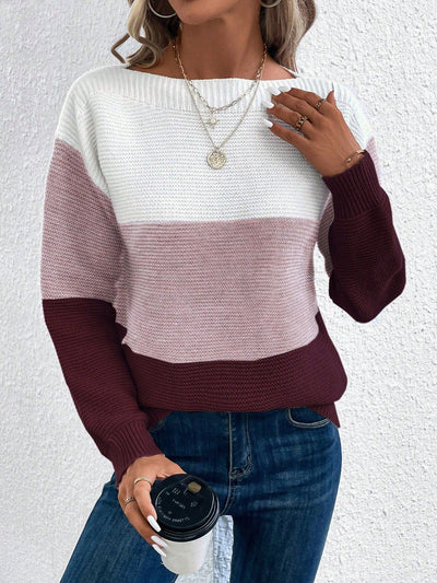 Round Neck Colorblock Long Sleeve Knitted Sweater