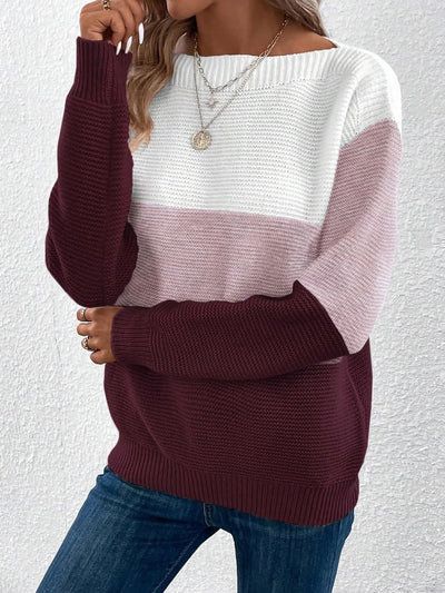 Round Neck Colorblock Long Sleeve Knitted Sweater