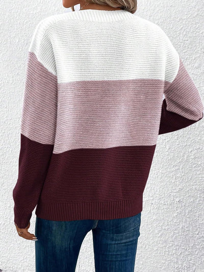 Round Neck Colorblock Long Sleeve Knitted Sweater