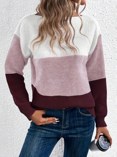 Round Neck Colorblock Long Sleeve Knitted Sweater