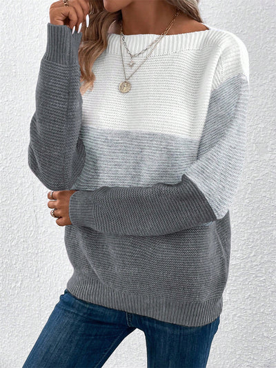 Round Neck Colorblock Long Sleeve Knitted Sweater