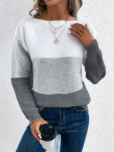 Round Neck Colorblock Long Sleeve Knitted Sweater