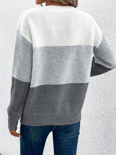 Round Neck Colorblock Long Sleeve Knitted Sweater