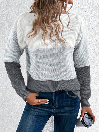 Round Neck Colorblock Long Sleeve Knitted Sweater