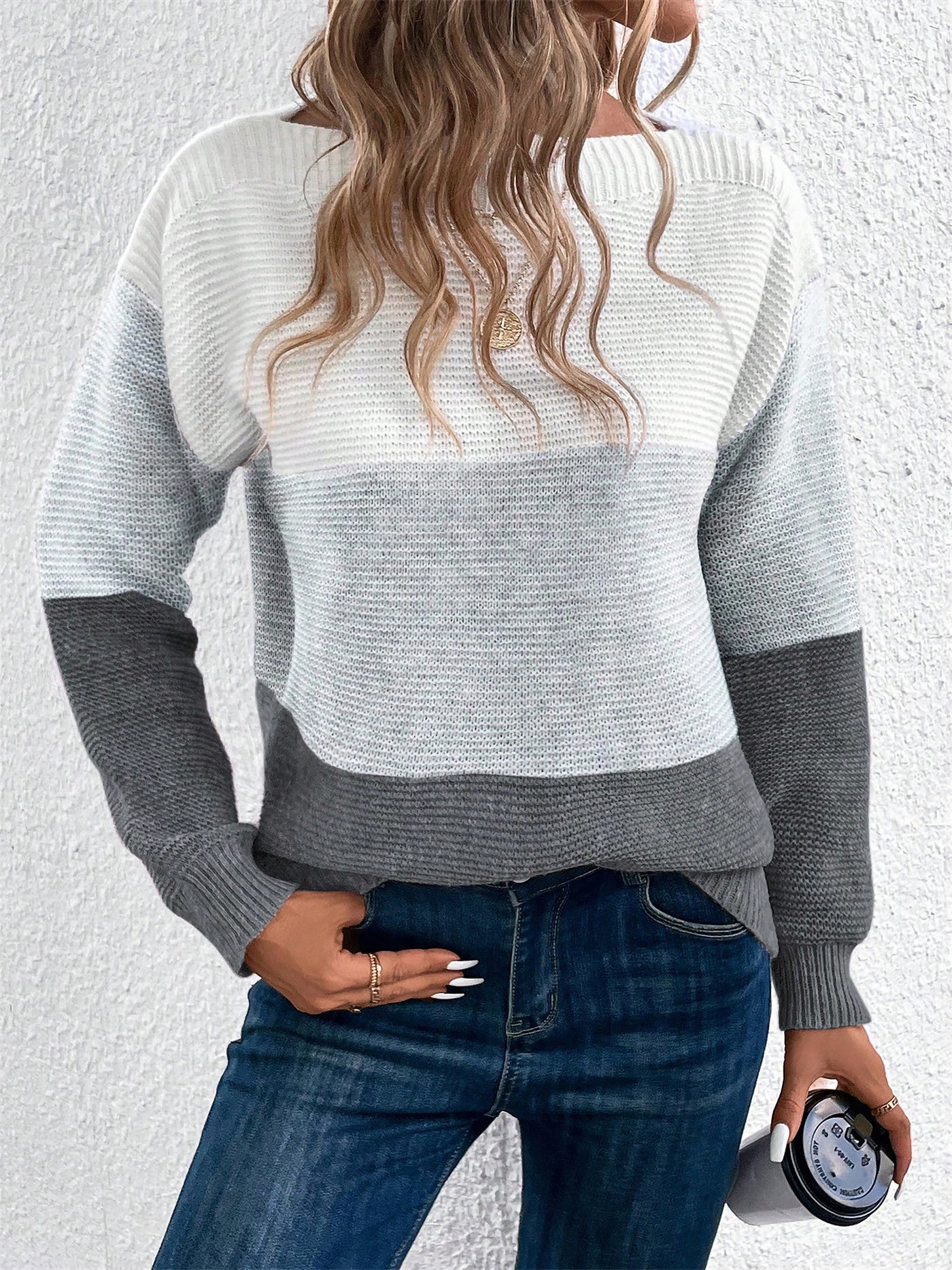 Allegra K Round Neck Colorblock Long Sleeve Knitted Sweater