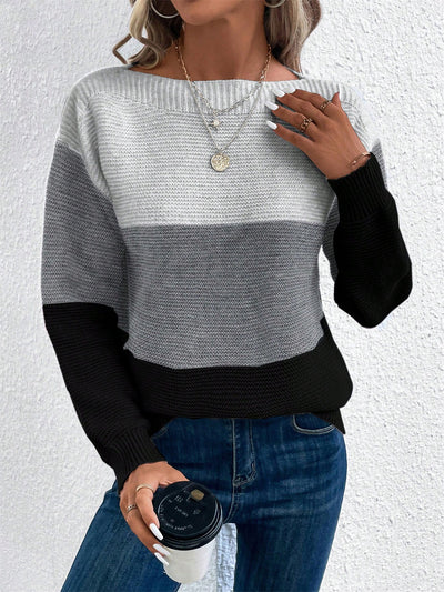 Round Neck Colorblock Long Sleeve Knitted Sweater