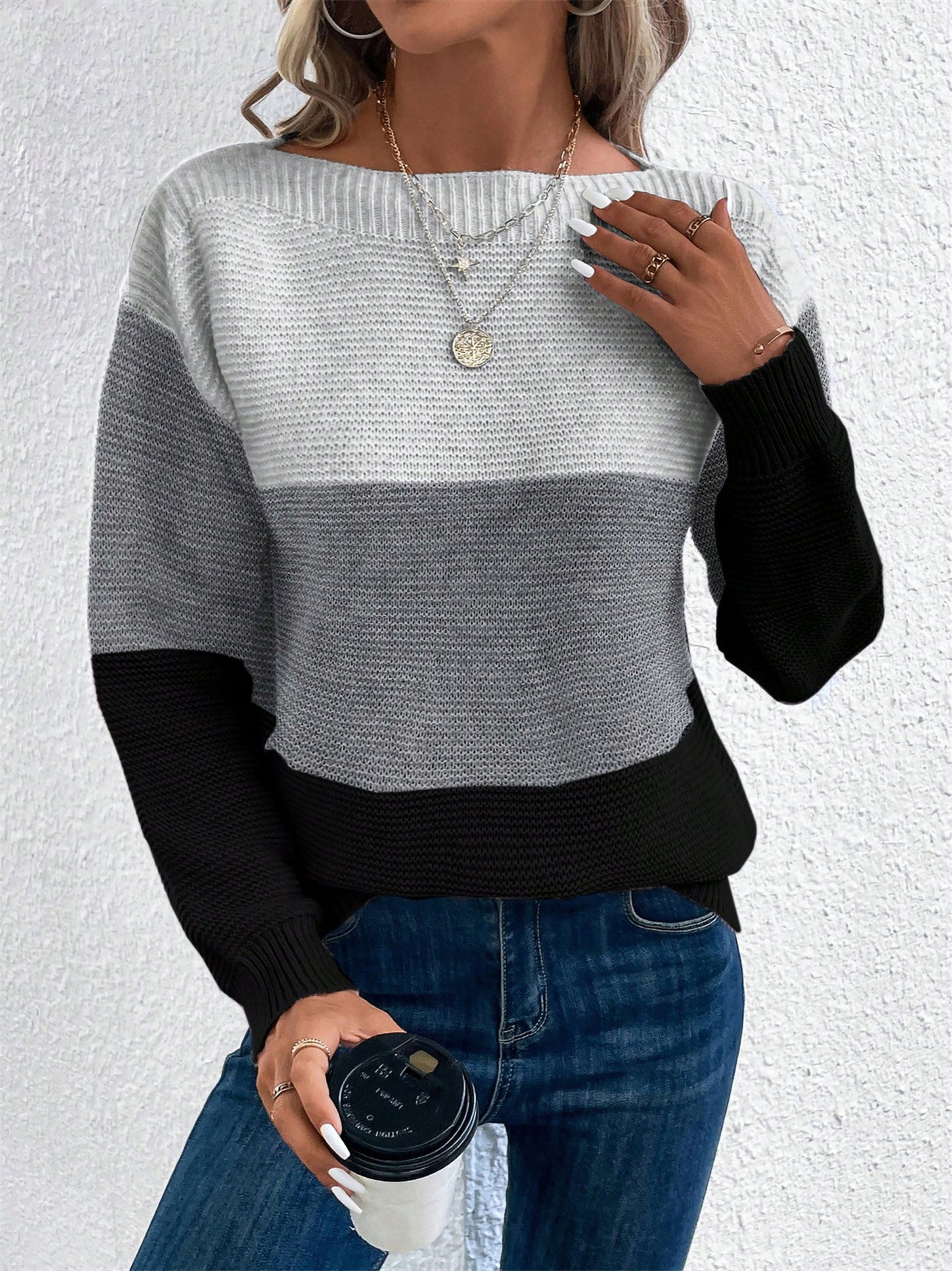 Allegra K Round Neck Colorblock Long Sleeve Knitted Sweater