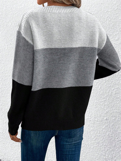 Round Neck Colorblock Long Sleeve Knitted Sweater