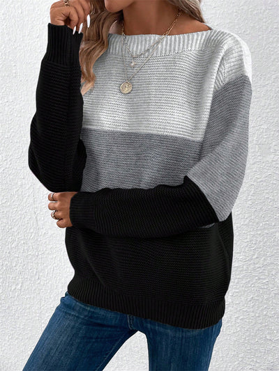 Round Neck Colorblock Long Sleeve Knitted Sweater