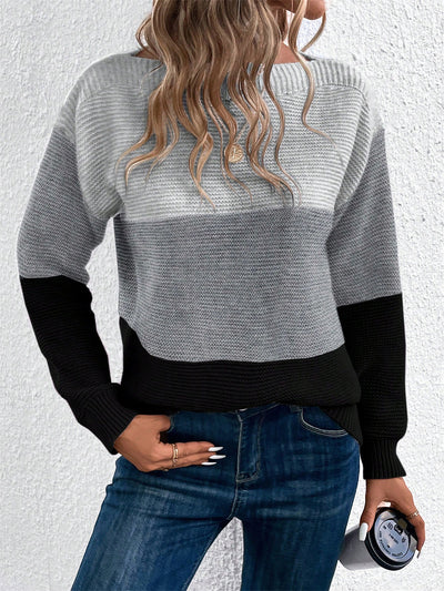 Round Neck Colorblock Long Sleeve Knitted Sweater