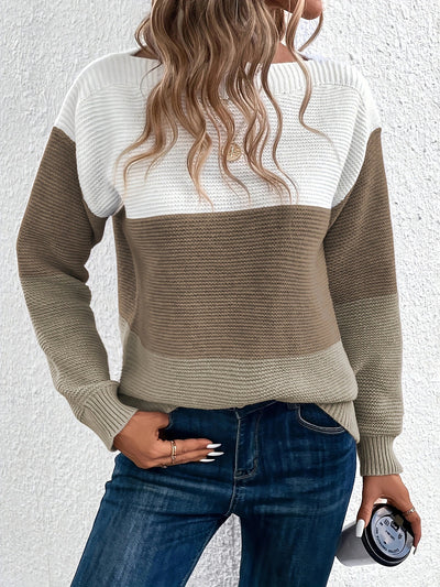 Round Neck Colorblock Long Sleeve Knitted Sweater