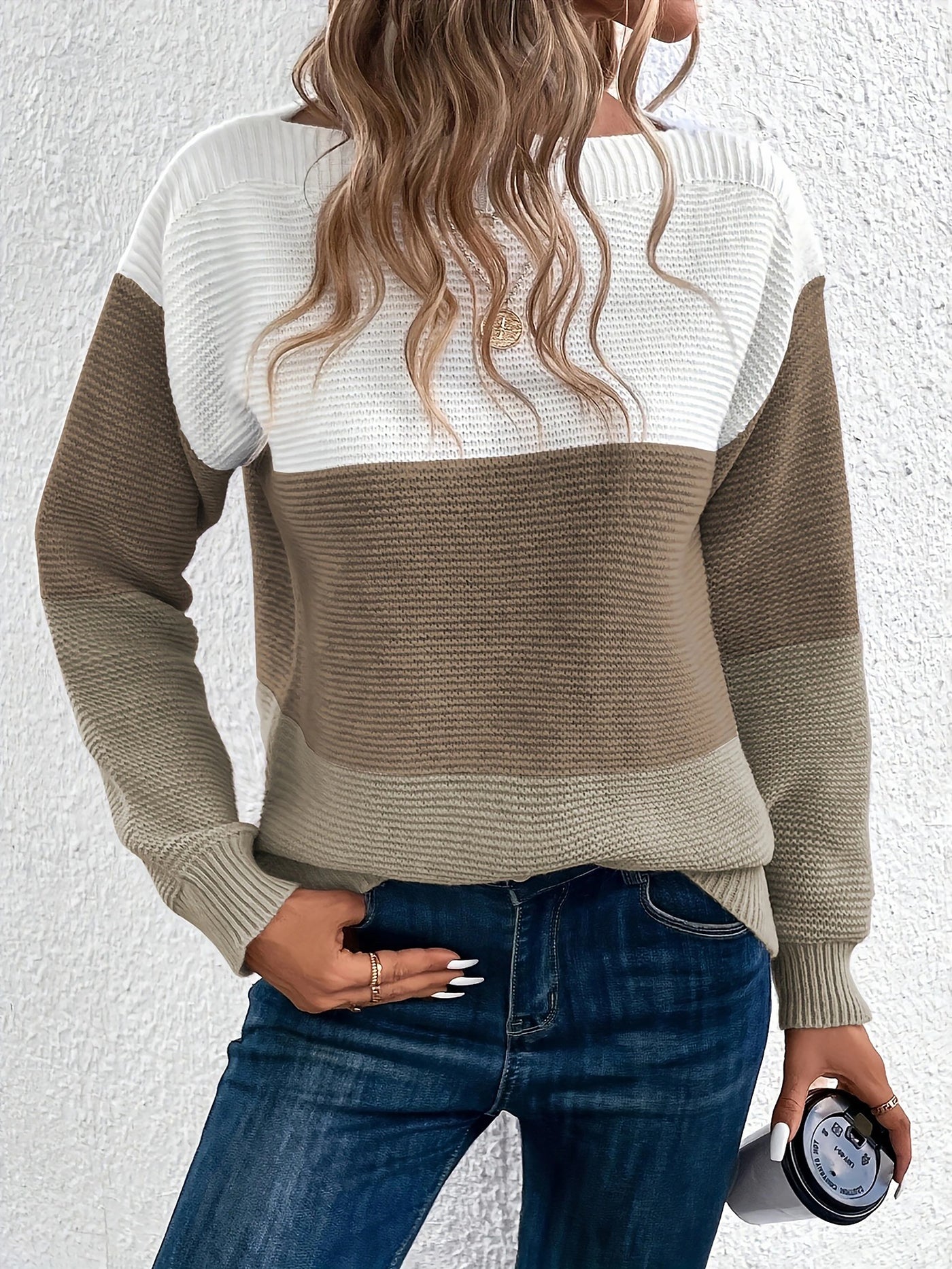 Allegra K Round Neck Colorblock Long Sleeve Knitted Sweater