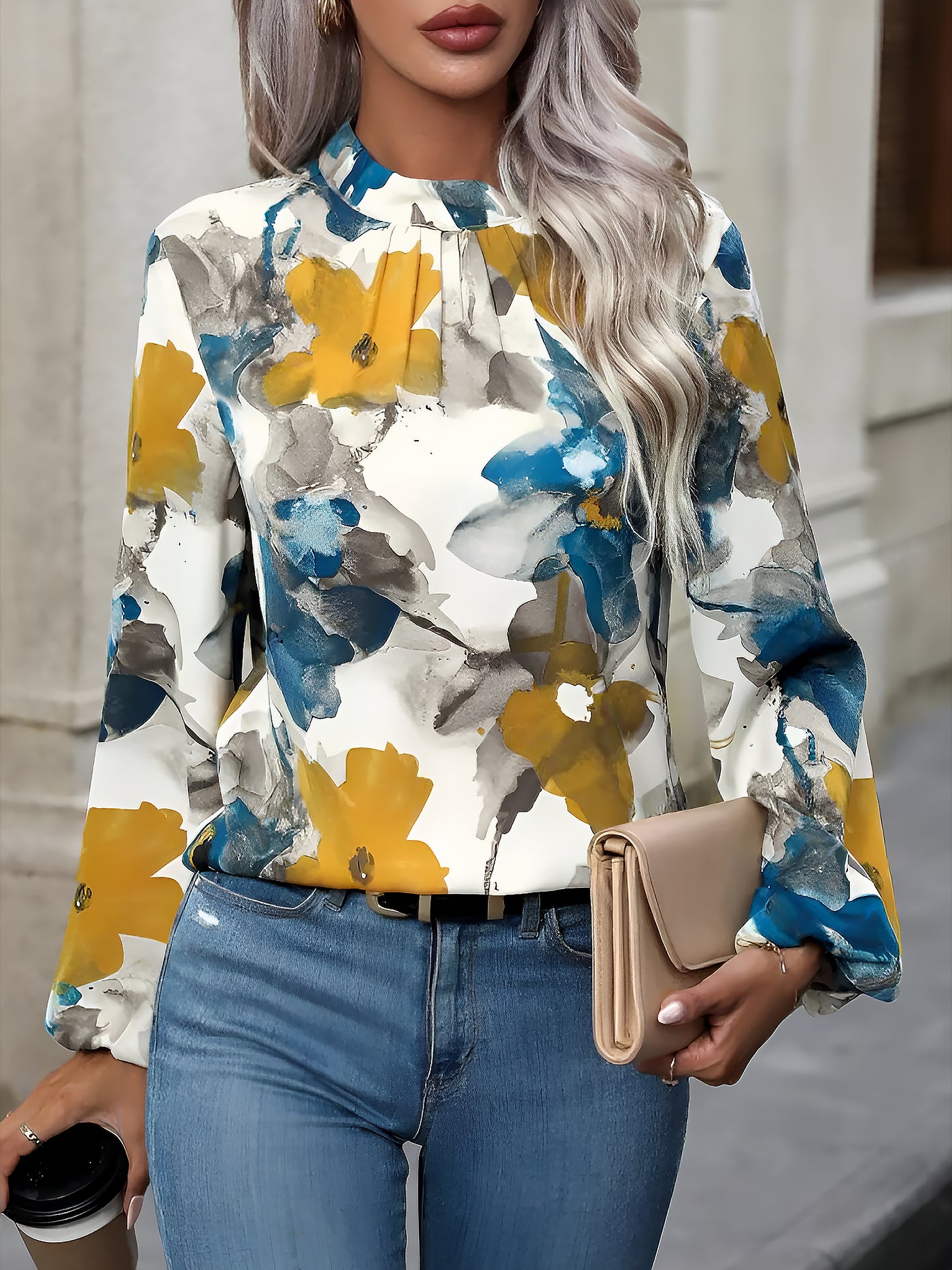 Allegra K Round Neck Long Sleeves Floral Printed Blouse