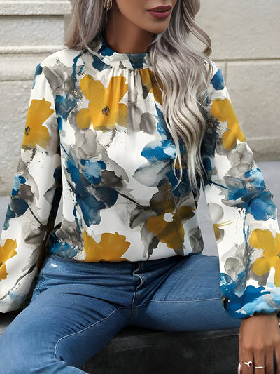 Round Neck Long Sleeves Floral Printed Blouse