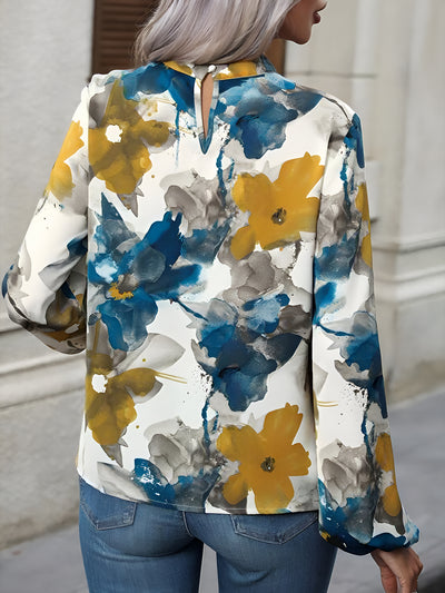 Round Neck Long Sleeves Floral Printed Blouse