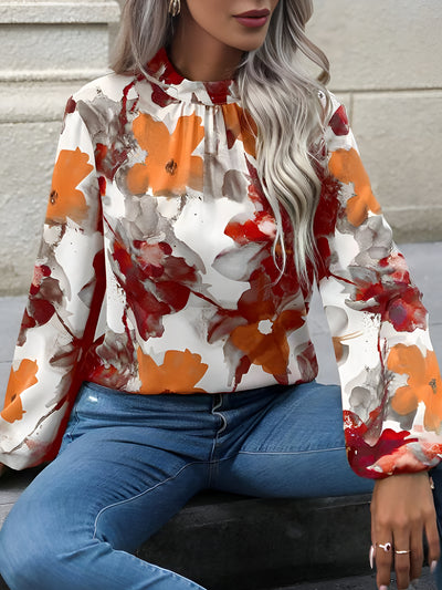 Round Neck Long Sleeves Floral Printed Blouse