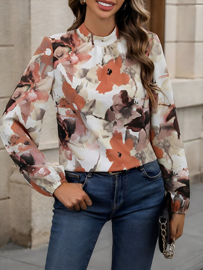 Round Neck Long Sleeves Floral Printed Blouse