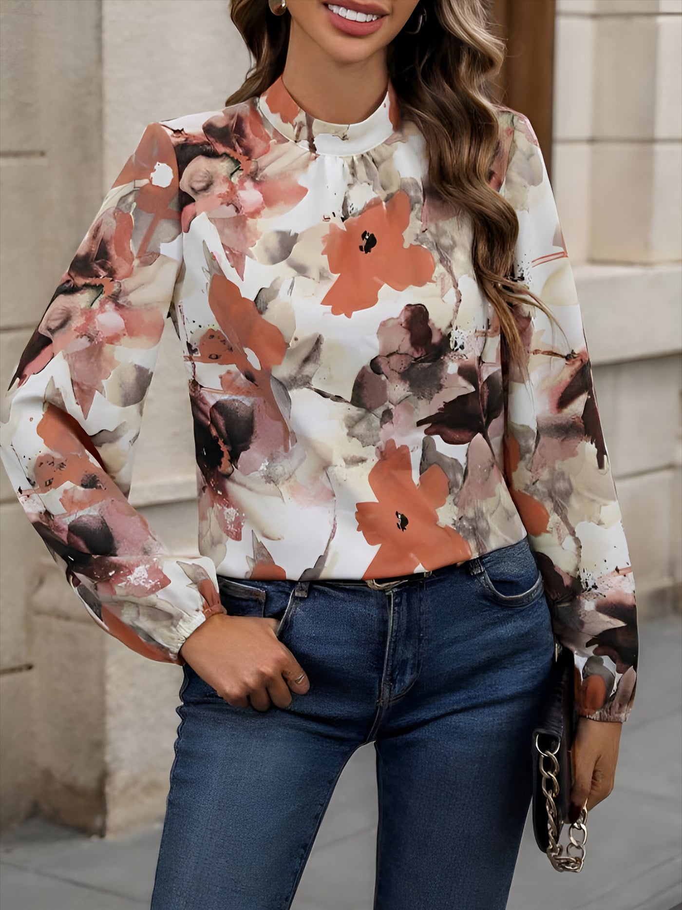 Allegra K Round Neck Long Sleeves Floral Printed Blouse