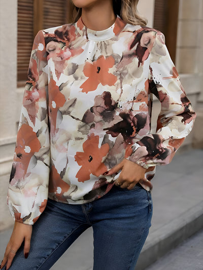 Round Neck Long Sleeves Floral Printed Blouse