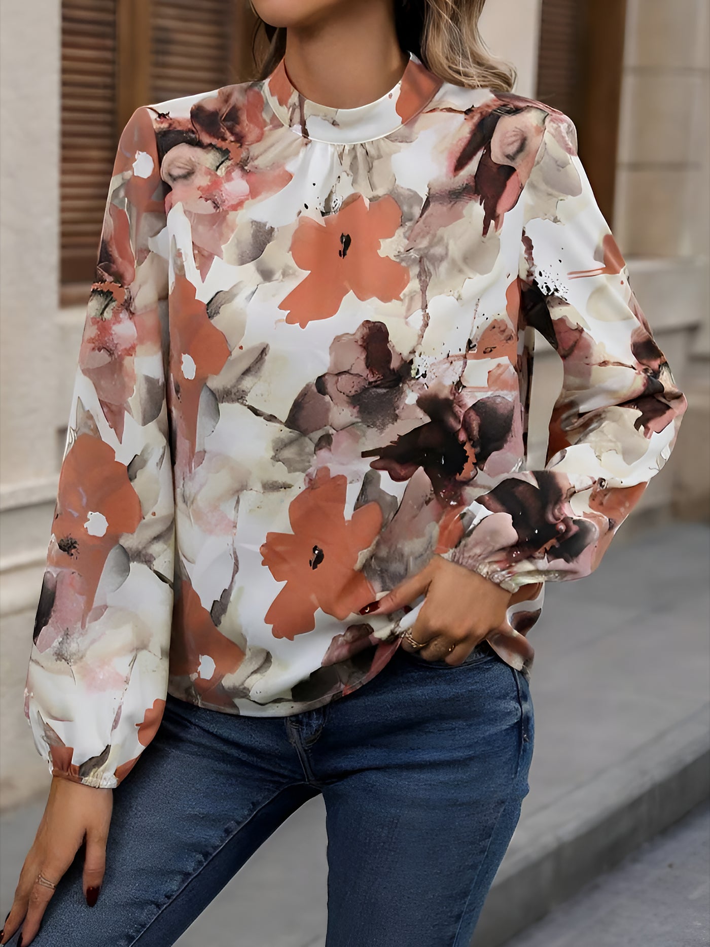 Allegra K Round Neck Long Sleeves Floral Printed Blouse