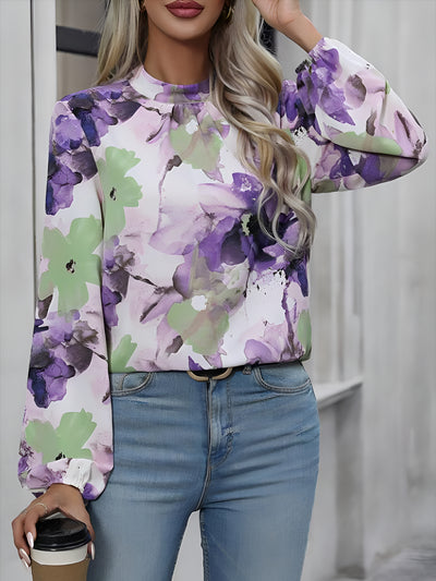 Round Neck Long Sleeves Floral Printed Blouse