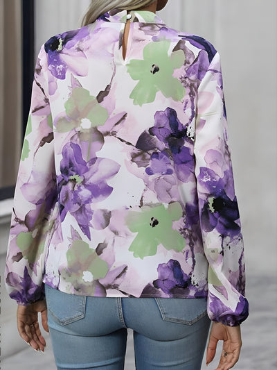 Round Neck Long Sleeves Floral Printed Blouse