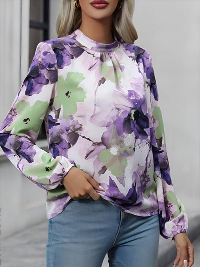 Round Neck Long Sleeves Floral Printed Blouse