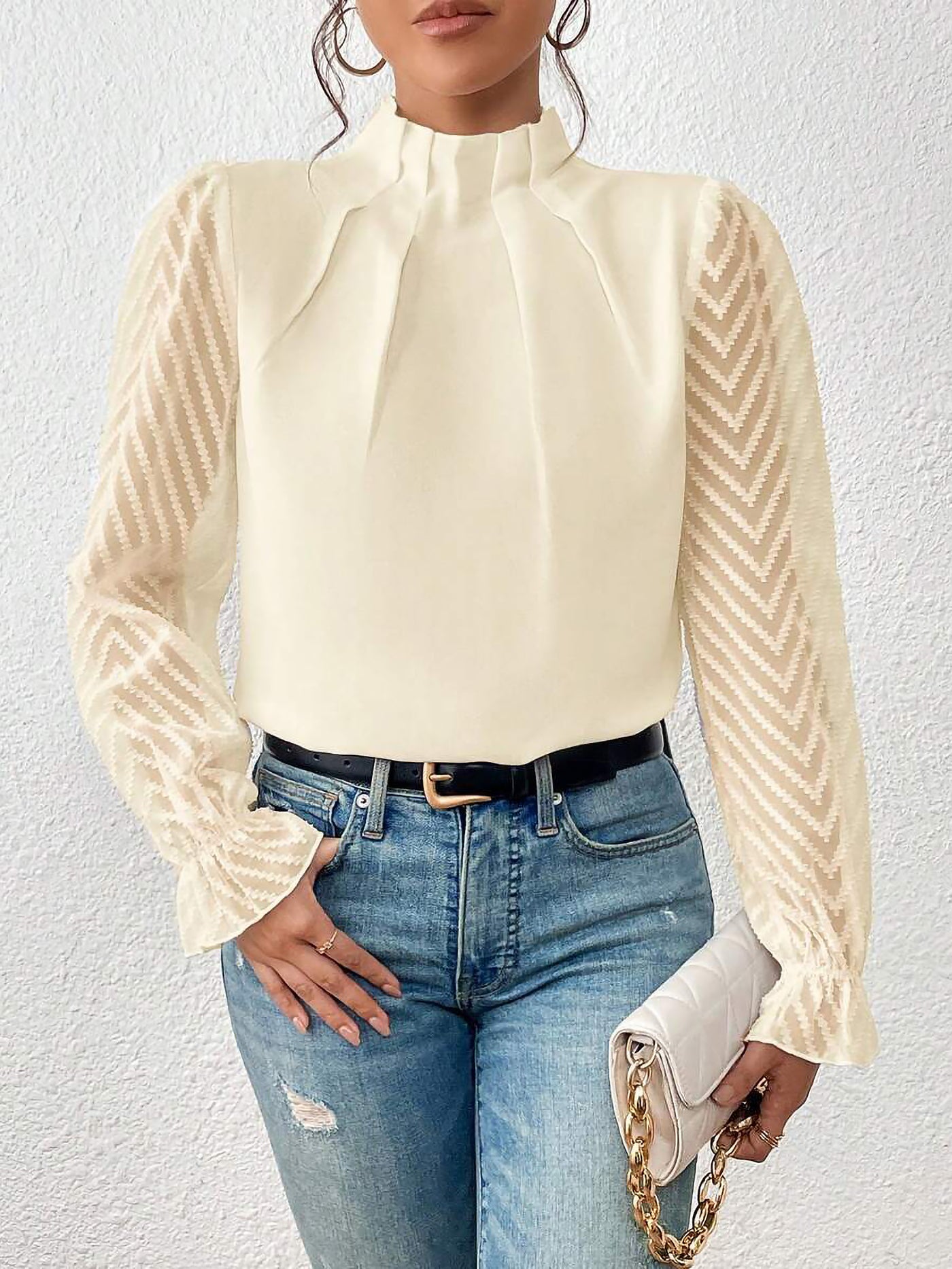 Allegra K Mock Neck Sheer Long Sleeves Pleated Blouse