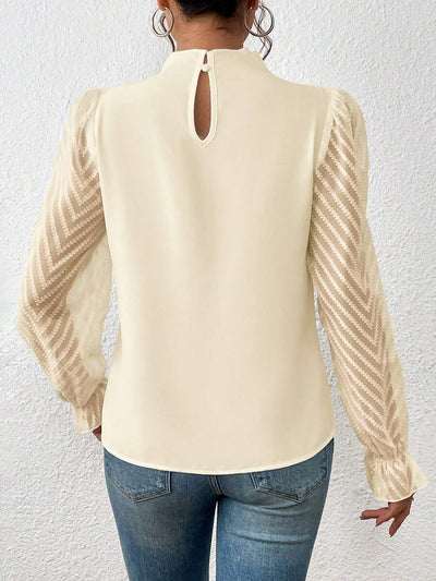 Mock Neck Sheer Long Sleeves Pleated Blouse