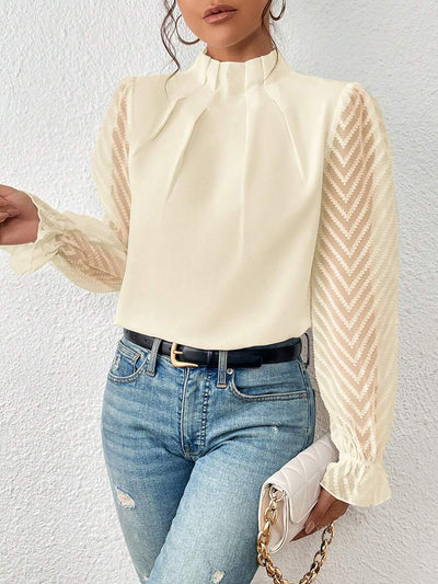 Mock Neck Sheer Long Sleeves Pleated Blouse