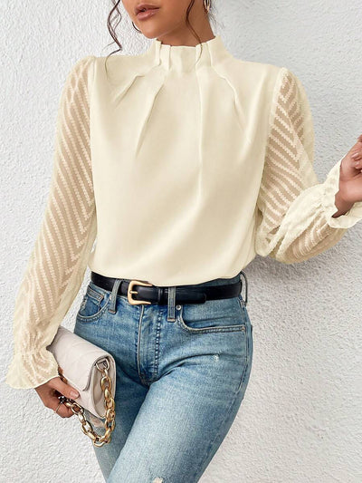 Mock Neck Sheer Long Sleeves Pleated Blouse