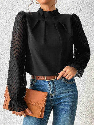 Mock Neck Sheer Long Sleeves Pleated Blouse