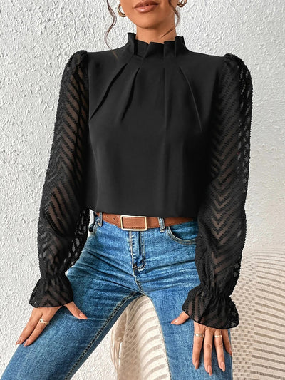 Mock Neck Sheer Long Sleeves Pleated Blouse