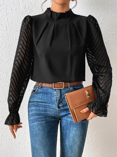 Mock Neck Sheer Long Sleeves Pleated Blouse