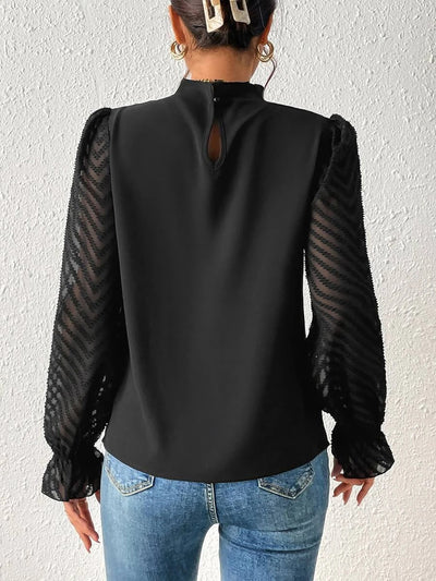 Mock Neck Sheer Long Sleeves Pleated Blouse