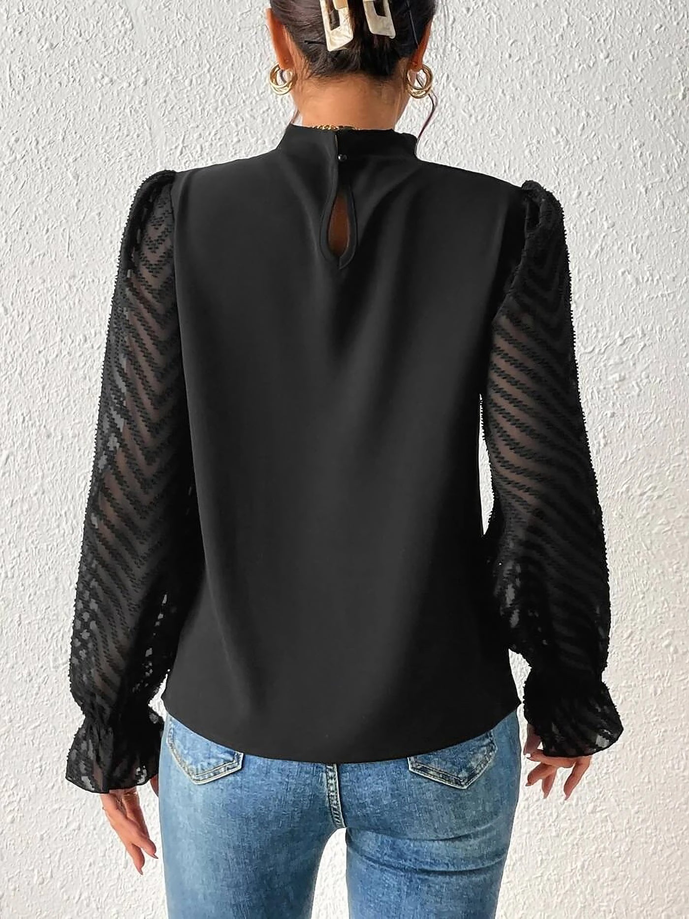 Allegra K Mock Neck Sheer Long Sleeves Pleated Blouse