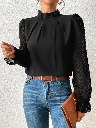 Mock Neck Sheer Long Sleeves Pleated Blouse