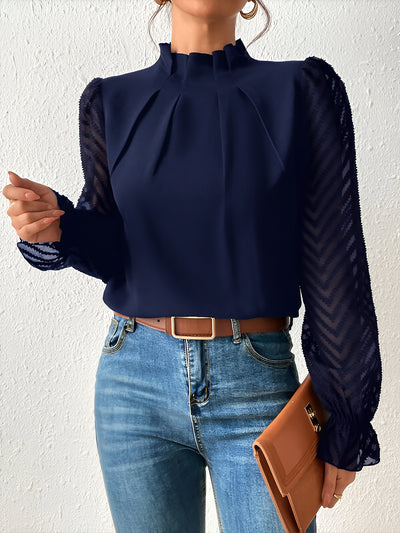 Mock Neck Sheer Long Sleeves Pleated Blouse