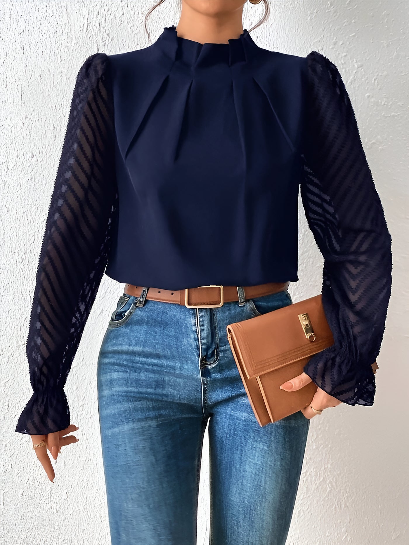 Allegra K Mock Neck Sheer Long Sleeves Pleated Blouse