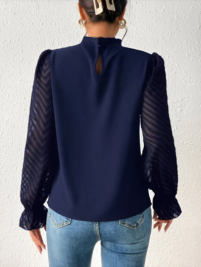 Mock Neck Sheer Long Sleeves Pleated Blouse