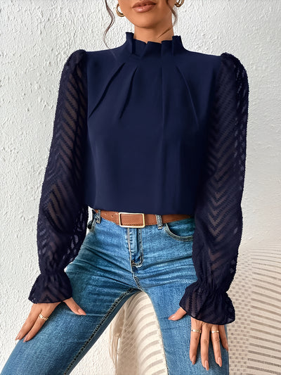 Mock Neck Sheer Long Sleeves Pleated Blouse