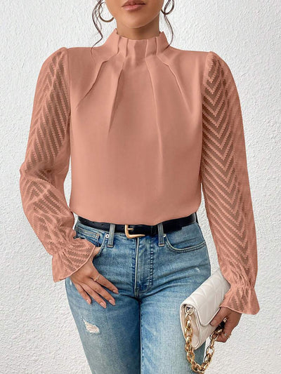 Mock Neck Sheer Long Sleeves Pleated Blouse