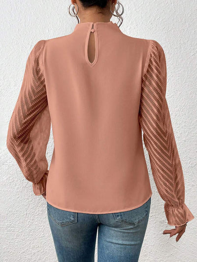 Mock Neck Sheer Long Sleeves Pleated Blouse