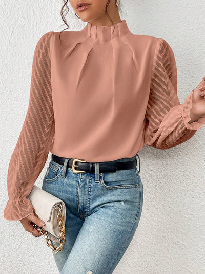 Mock Neck Sheer Long Sleeves Pleated Blouse